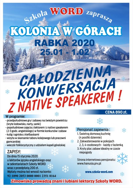 Szkoła WORD zaprasza - kolonia w górach - Rabka 2020